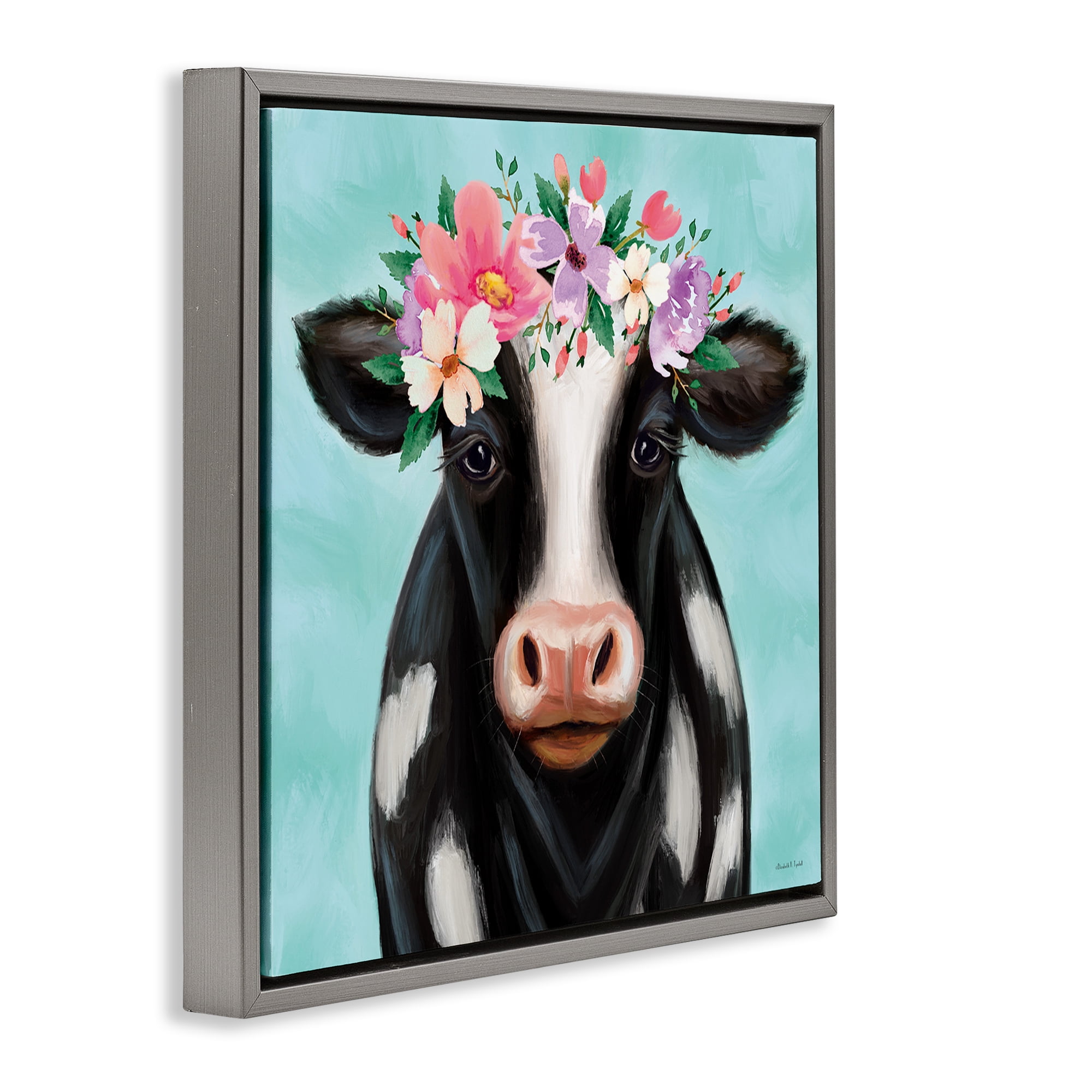Stupell Industries Cow with Pastel Flowers Animals & Insects Painting Gray Floater Framed Canvas Art Print Wall Art, 25 x 25