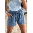 thumbnail image 5 of Women's Smocked High Waist Denim Shorts – Elastic Waist Casual Summer Shorts With Pockets, Dusk Blue, 16, 5 of 5