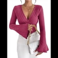 thumbnail image 3 of Camiseta de Larga Ajustada con Cuello en V Acanalado para Mujer, Top Informal de Moda con Mangas Acampanadas. Rosa Roja L, 3 of 9