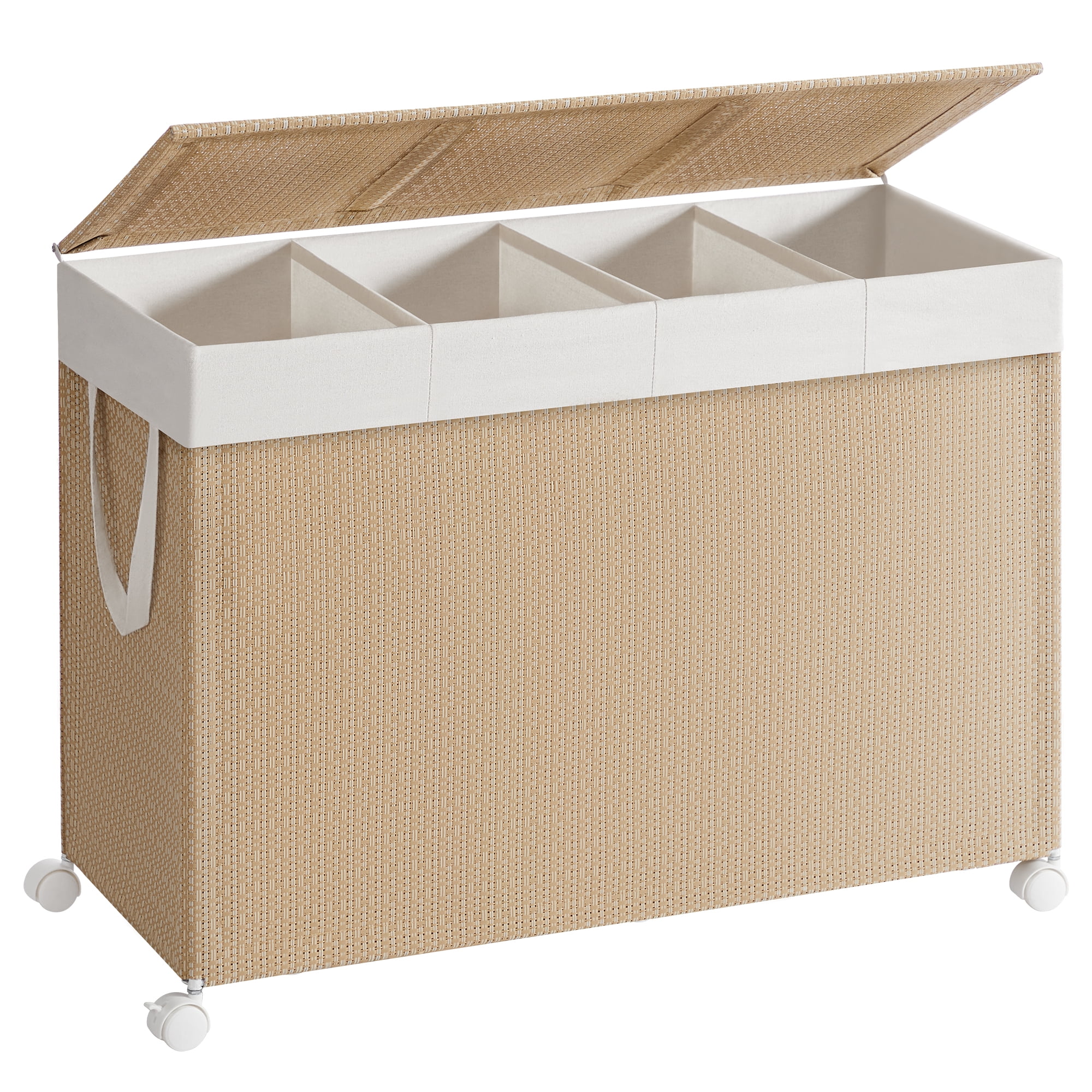Natural Beige & Matte White 4 - Compartment Laundry Hamper. 47.6 Gal Laundry Sorter on Wheels, with Lid, Removable Liners & Handles
