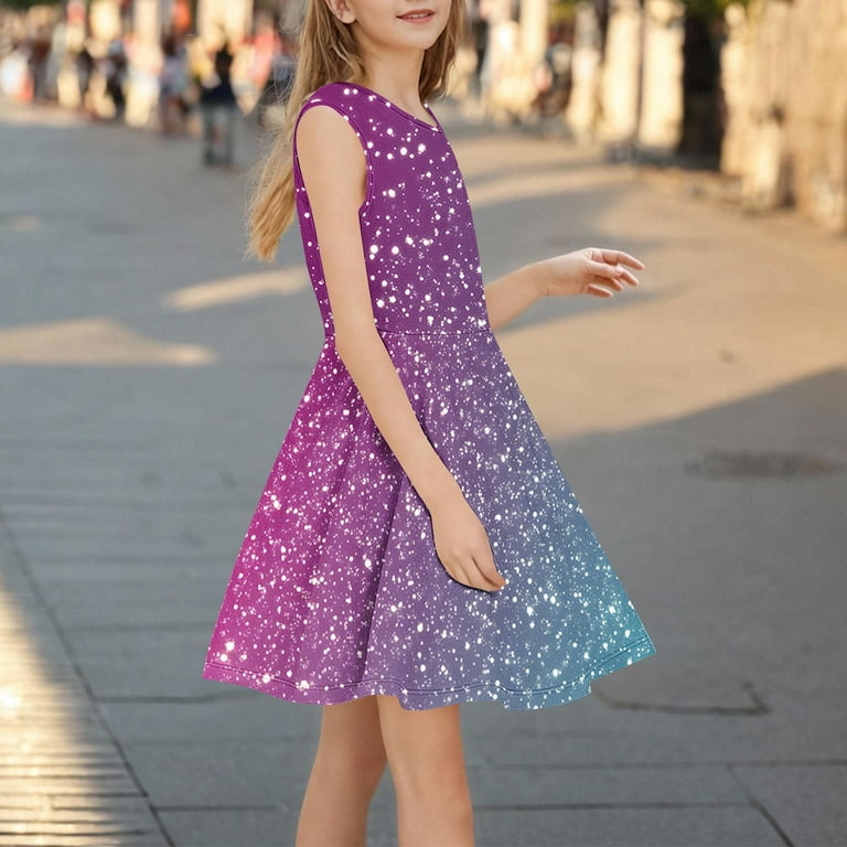 ATOGUTA 3-14 Years Kids Dress Sleeveless Summer Sequin Print Semi Formal  Dress Purple - Walmart.com