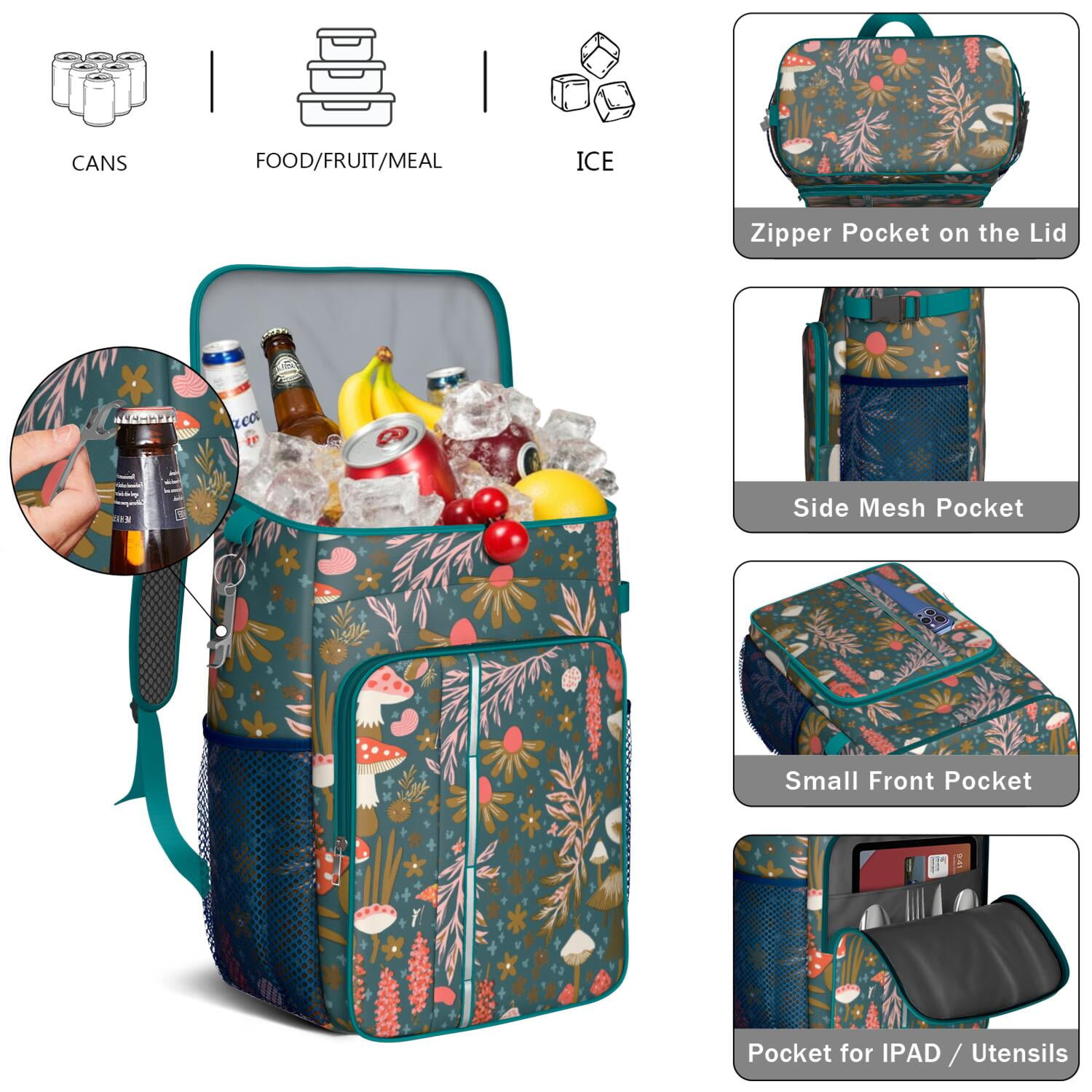 Camping Cooler Backpack 26 Cans,Insulated Backpack Insulated Leak Proof Travel Cooler Bag Waterproof Lunch Picnic Beach Work Trip Thermal Bag Drink Beverage Beer Bag Cooler Mushroom