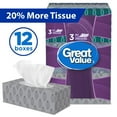 thumbnail image 1 of Great Value, Facial Tissues, 12 Flat Boxes, 88 Tissues per Box, 1 of 8