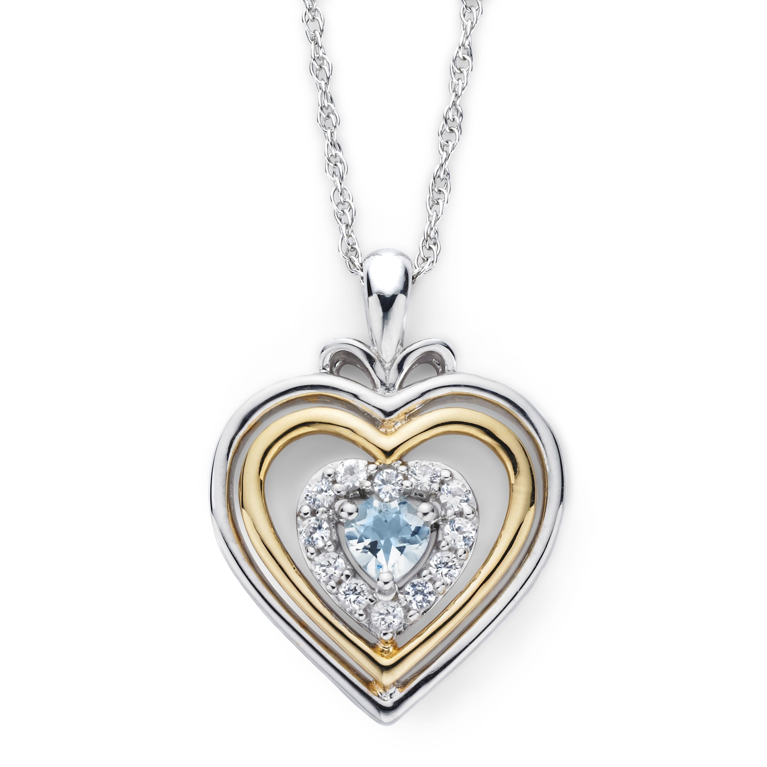 Brilliance 925 Sterling Silver with 14KY Gold Plated Aquamarine and Created White Sapphire Heart Pendant with 18" Chain