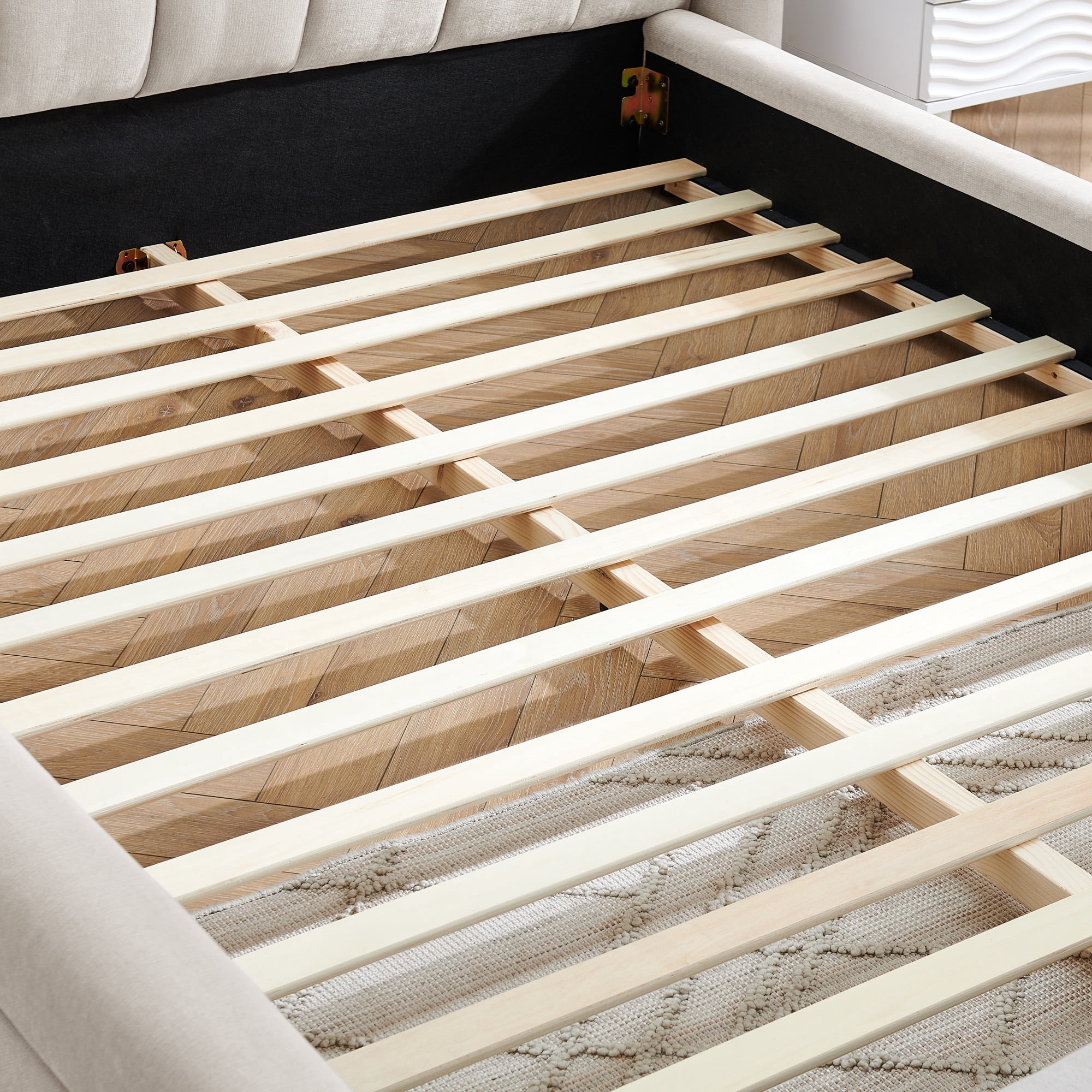 Modern Beige Wood Frame Grounded Queen Size Platform Bed, Queen Chenille Upholstered Platform Bed with Headboard