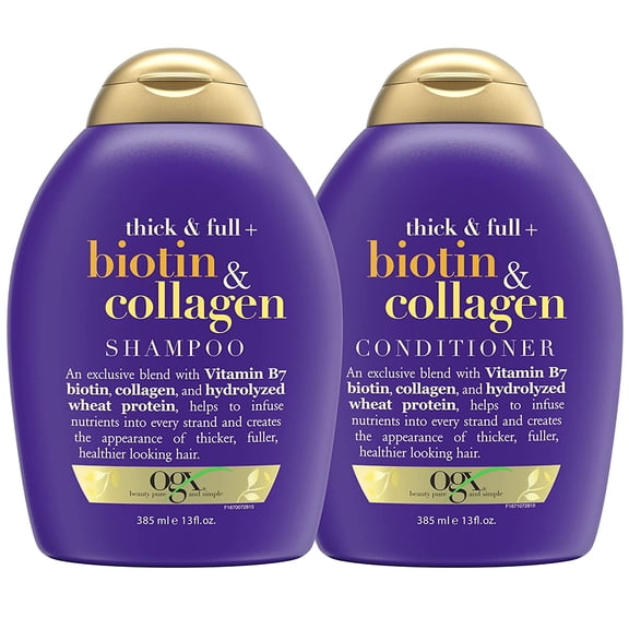 Ogx Thick & Full Biotin & Collagen Shampoo & Conditioner Set, (Packaging May Vary), Purple, 13 Fl Oz (Pack Of 2)