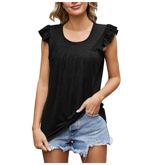 JIAYUE Women's Tank Tops Ruffle Trim Cap Sleeve Elegant Crewneck Solid Color Pleated For Works Beach Parties Female Summer Vest