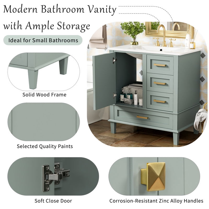 Bellemave 30" Bathroom Vanity with Sink, Cabinet with Sink Combo Set with Top, Bathroom Storage Cabinet with 3 Drawers and 1 Soft Closing Door, 30 Inch Vanity with Sink for Bathroom（Cyan）