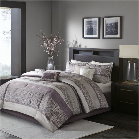 JERFIT Queen 7-Piece Jacquard Comforter Bedding Set in Purple & Grey, Reversible Design with Decorative Pillows and Bed Skirt