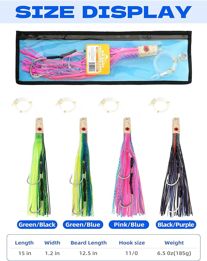 BLUEWING 15in Big Game Trolling Lure with Double Rigged Hookset and 300lb High Strength Fishing Line Saltwater Fishing Lures for Wahoo Tuna Marlin Mahi Mahi Pink/Blue