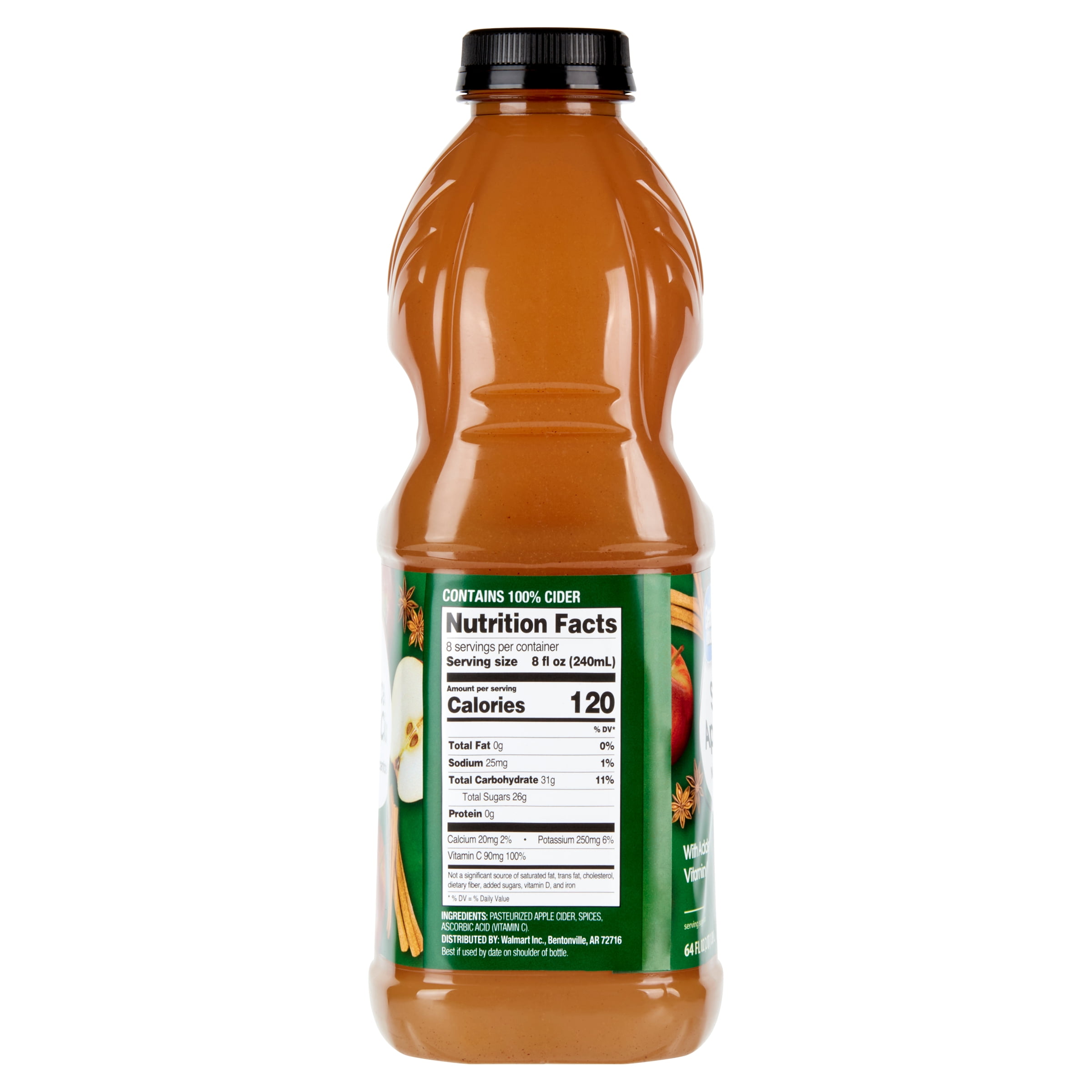(4 pack) Great Value 100% Fresh-Pressed Spiced Apple Cider, 64 fl oz