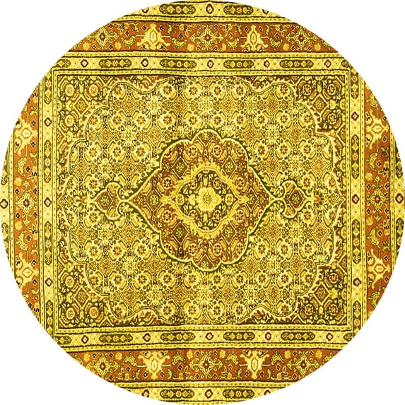 Ahgly Company Machine Washable Indoor Round Medallion Yellow Traditional Area Rugs, 3' Round
