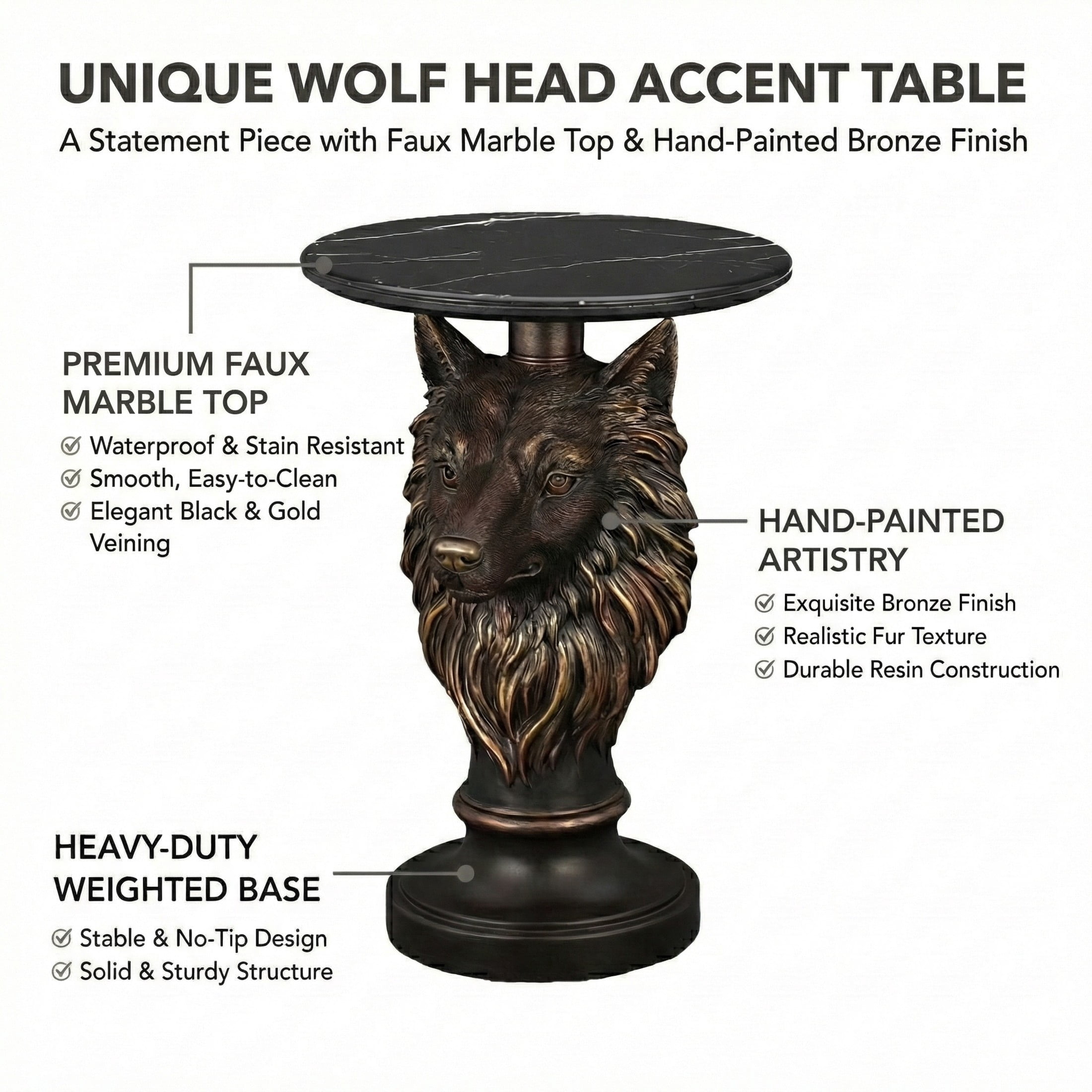 Noble House Wolf Head Accent Table, Animal Statue End Table with Faux Marble Tabletop for Living Room, Antique Brown