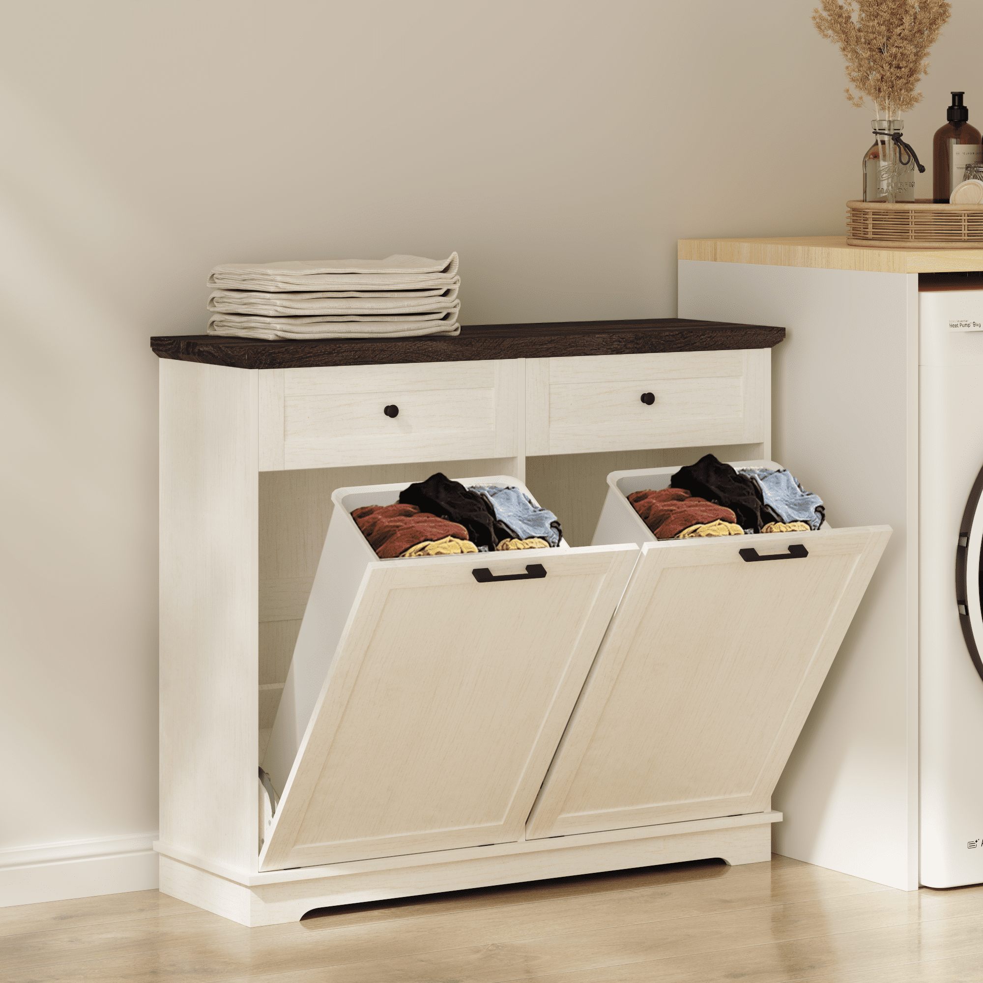 Tilt Out Trash Cabinet Freestanding Trash Bin Cabinet Wood Garbage Recycling Cabinet with Drawer Pet Proof Trash Can Holder for Kitchen Living Room, Antique White (Not include trash can)