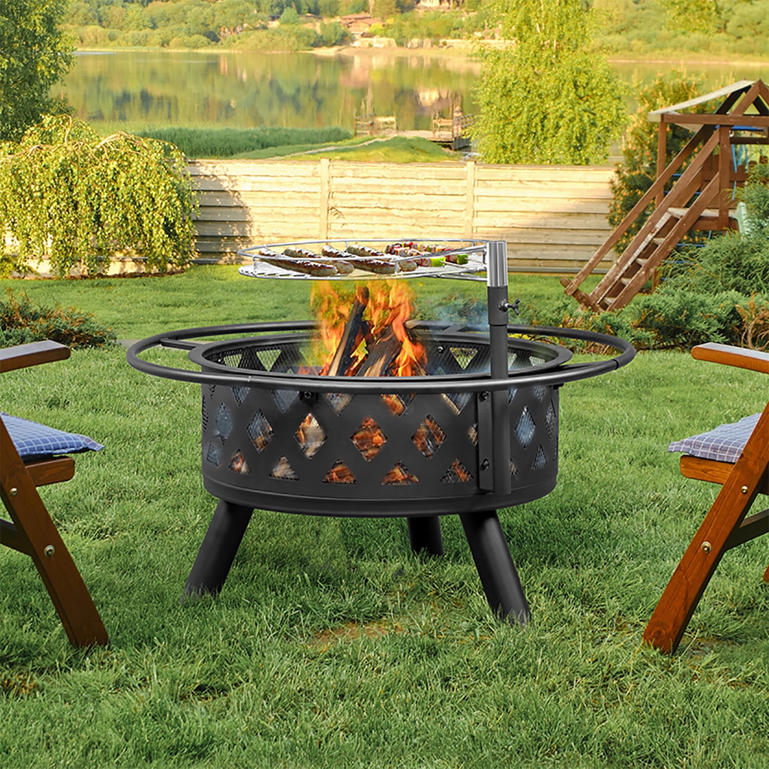 Seizeen Fire Pit with Grill, Metal Fire Pit for Outside Hollow-out Design, Wood Burning Outdoor Fireplace with Poker for Backyard Patio Garden, 30"