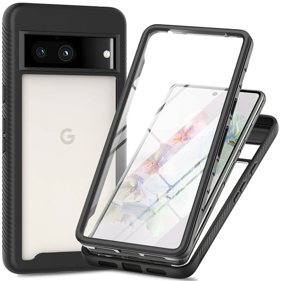 Cowithday for Google Pixel 7a Case with Built in Screen Protector, Shockproof Soft TPU Bumper Rugged Clear Hard PC Back Shell Anti-Scratch All-inclusive Case Cover for Google Pixel 7a 5G 6.1", Black