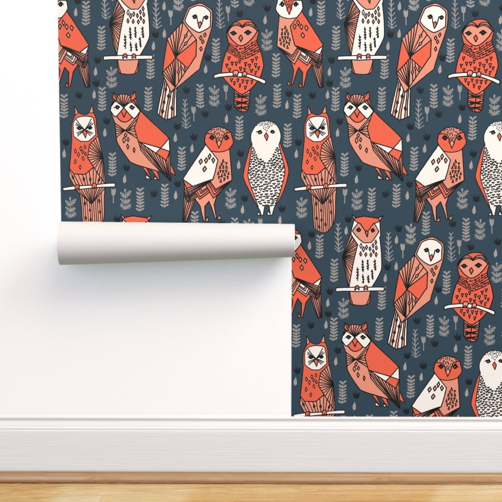 Peel & Stick Wallpaper 3ft x 2ft Owls Navy Blue Orange Coral Hand
