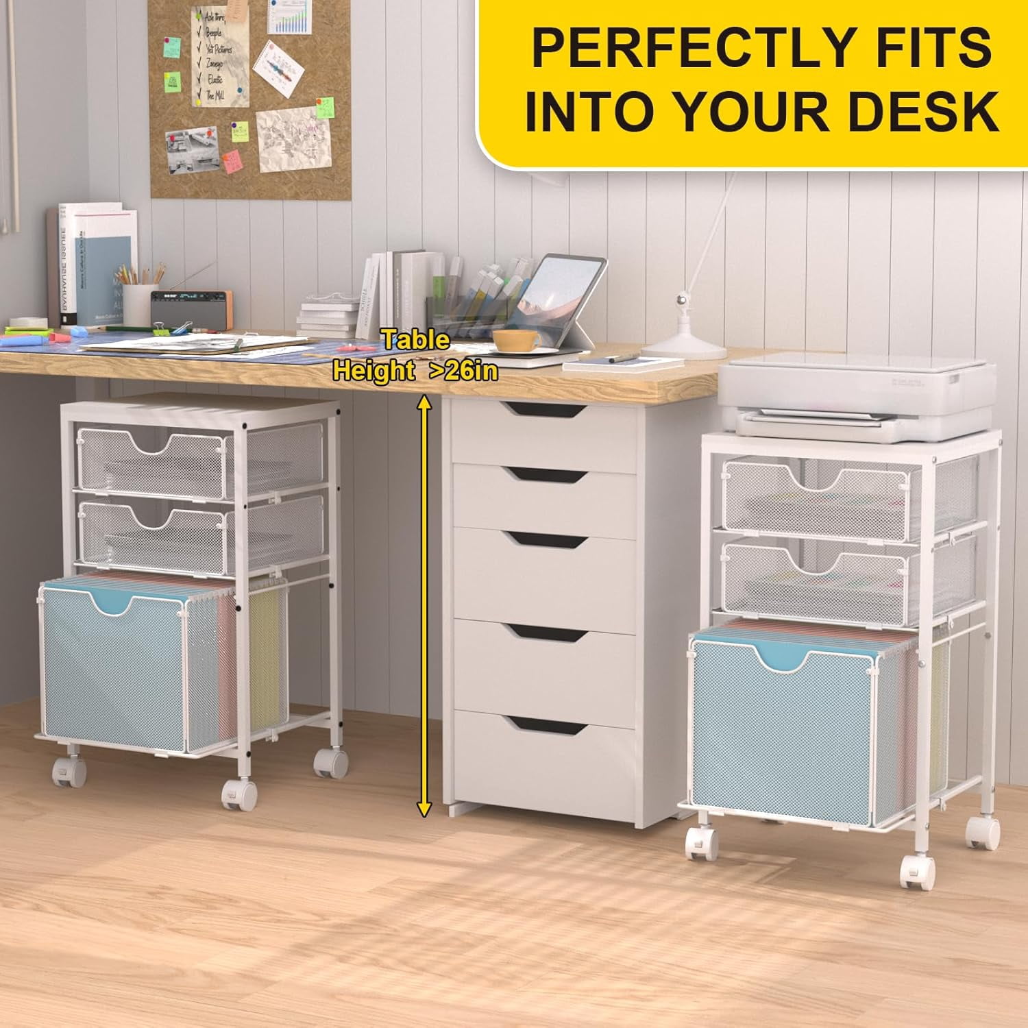 Rolling File Cart with 3 Storage Drawers, Under Desk Hanging File Folder Organizer Cart for Home Office, 11.81"D x 14.8"W x 25.39"H, White