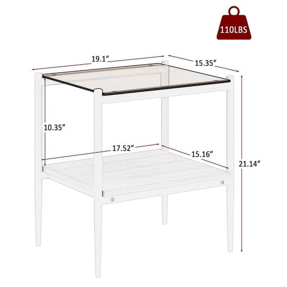 MOONMISS 2 Pack Rectangle End Table, Tempered Glass Top Side Table with MDF Frame, Modern Transparent Glass Accent Table for Living Room, Bedroom, Home Decor, White/Brown