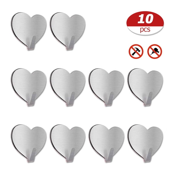 Ganchos adhesivos en forma de corazón, 10 piezas Ganchos adhesivos en forma de corazón de acero inoxidable Ganchos adhesivos sin costuras Rendimiento finamente ajustado
