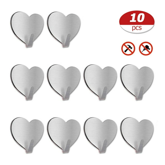 10 ganchos adhesivos en forma de corazón sin costuras de acero inoxidable para colgar llaves, toallas, abrigos, baños y cocinas.