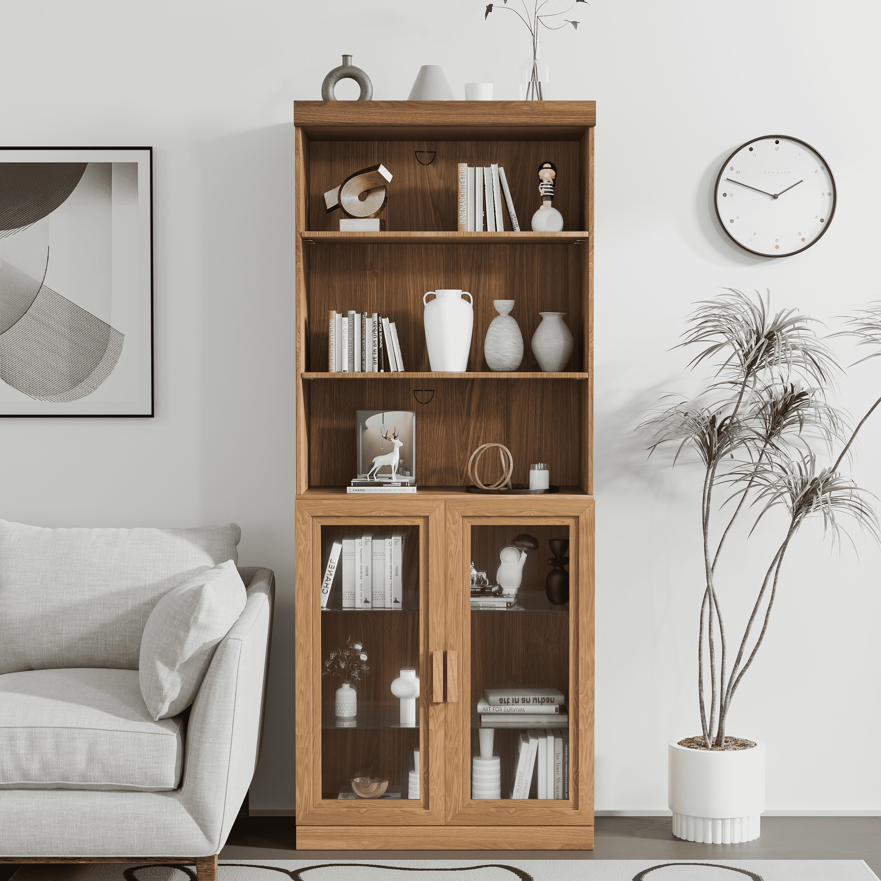 MAYEERTY 16*31*41"Natural Wood Grain Storage Cabinet with Adjustable Shelves for Living Room, Doorless Bookcase