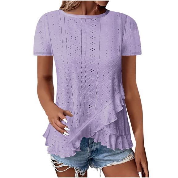 LOVZFMLL Women's Tops Spring Summer Short Sleeve Loose Fit T-Shirts Crew Neck Eyelet Tunics Casual High Low Hem Blouses Purple L