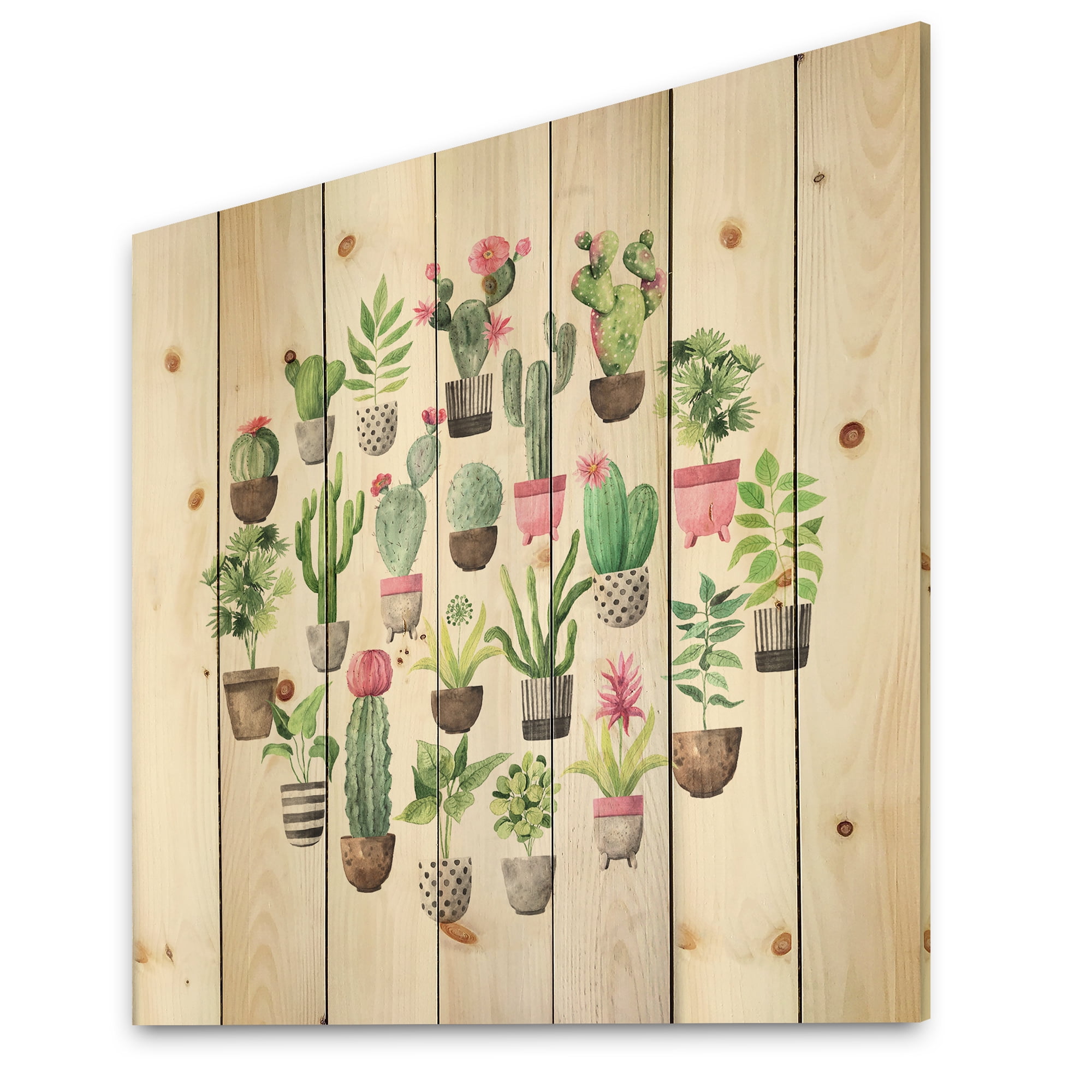 Designart 'Cactus In Ceramic Pots In Gentle Tones II' Botanical Print on Natural Pine Wood
