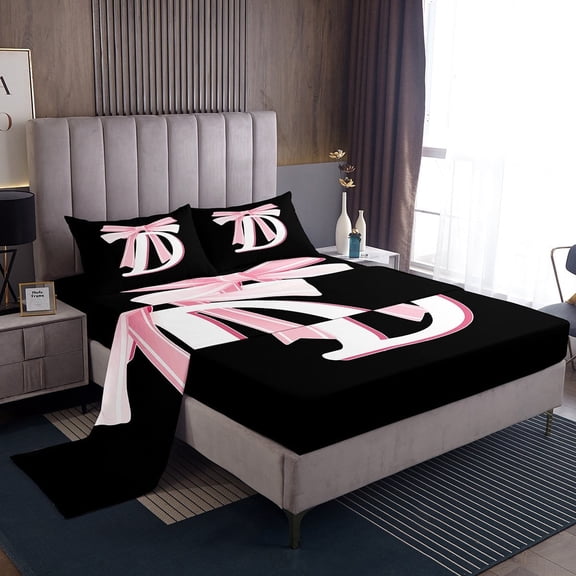Erosebridal Initial Letter D Sheet Set Twin, Black Pink Bedding Sets Twin Size, Kawaii Bow-tie Reversible Twin Sheet Sets, Lightweight Room Decorative, 3pcs