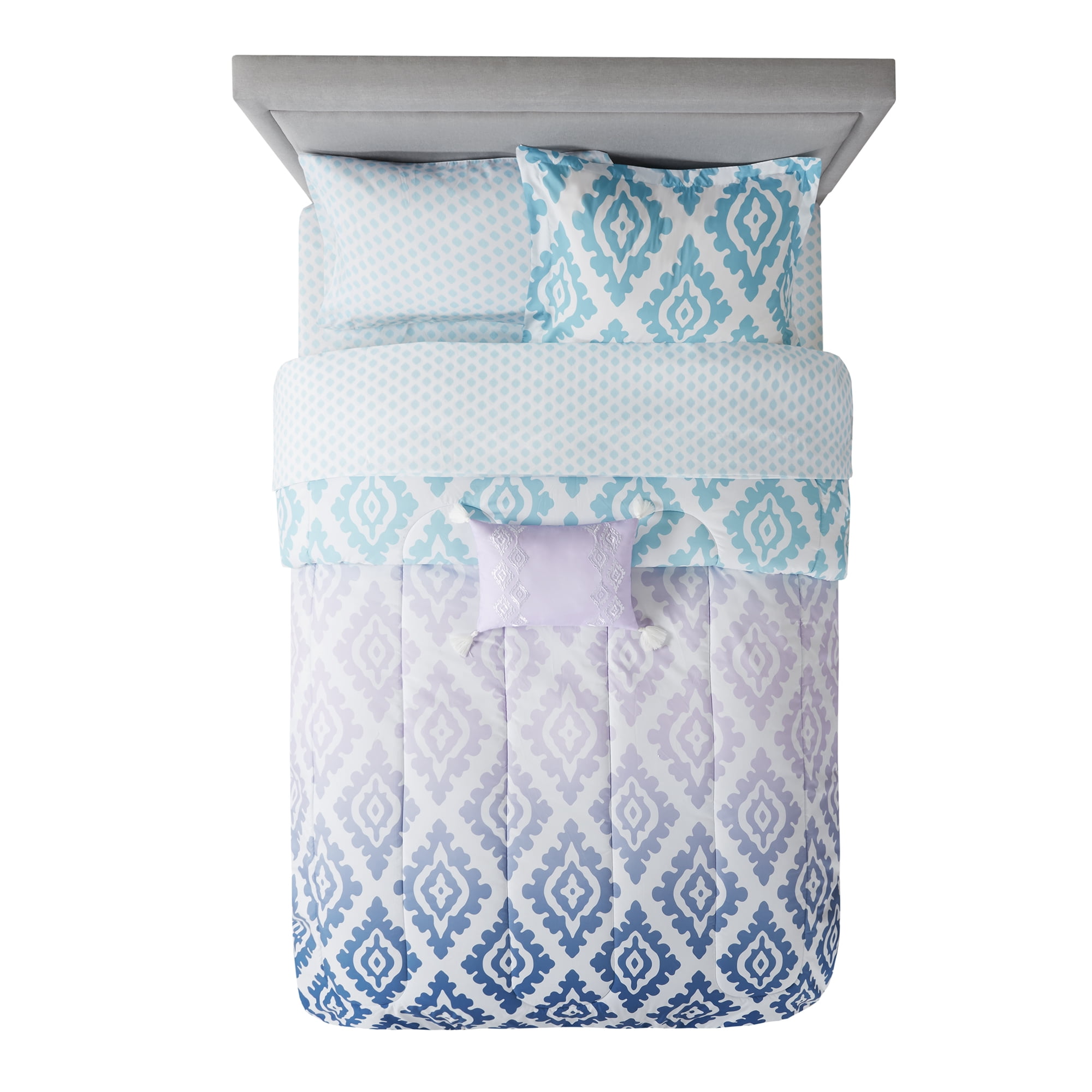 Mainstays Teal and Purple 6 Piece Bed in a Bag Comforter Set with Sheets, Twin/Twin XL