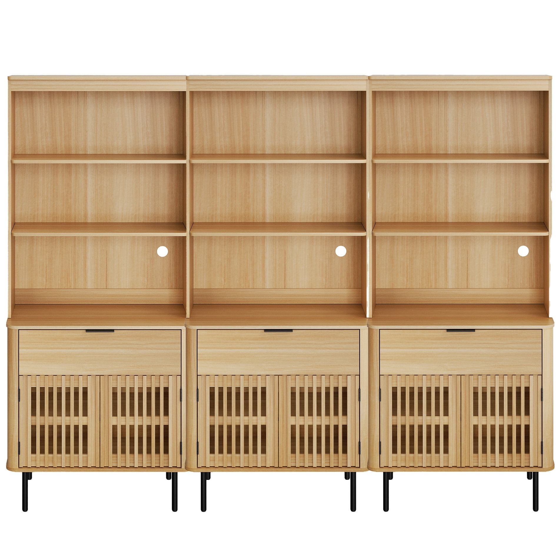 3-in-1 72.8" Fluted Pantry Cabinet with Doors & Drawer, Adjustable Shelf, Cable Mgmt, 5-Tier, Oak