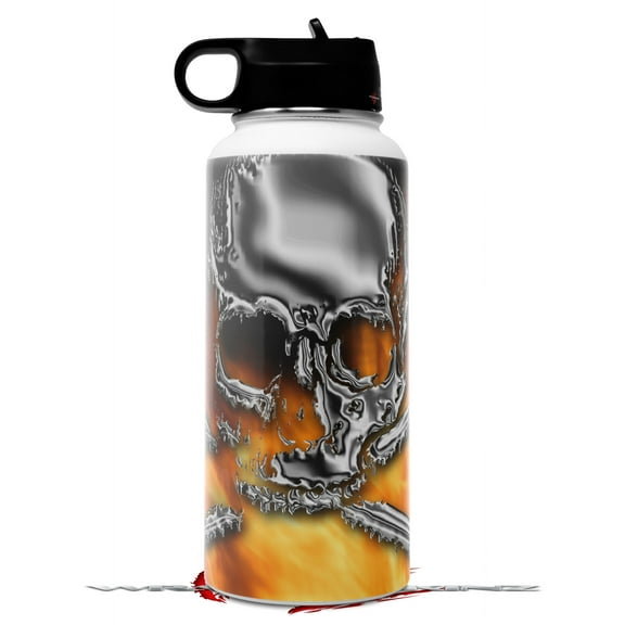 Skin Wrap Decal compatible with Hydro Flask Wide Mouth Bottle 32oz Chrome Skull on Fire (BOTTLE NOT INCLUDED)