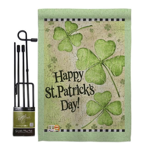 Breeze Decor BD-SA-GS-102032-IP-BO-D-US16-AL 13 x 18.5 in. St. Patricks Day Clover Spring St Patrick Impressions Decorative Vertical Double Sided Garden Flag Set with Banner Pole