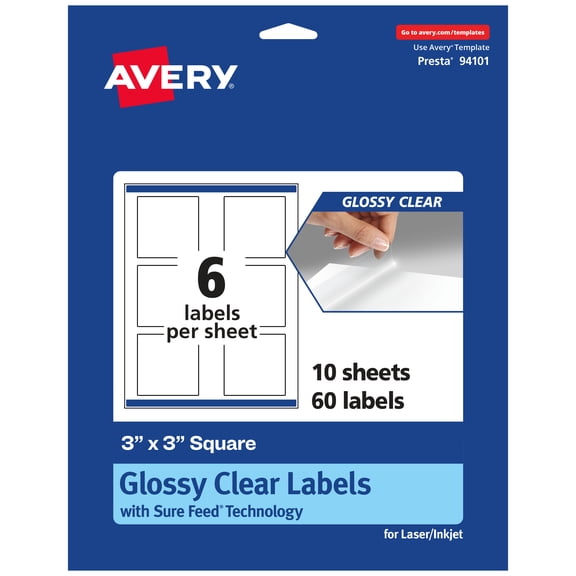 Avery Glossy Clear Square Labels, 3" x 3", 60 Labels