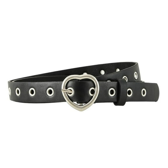 SWSMCLT Women's Faux Leather Grommet Belt Fashion Cute Medium Buckle Streetwear Groove Metal Adjustable Belts Black X-Small-Large
