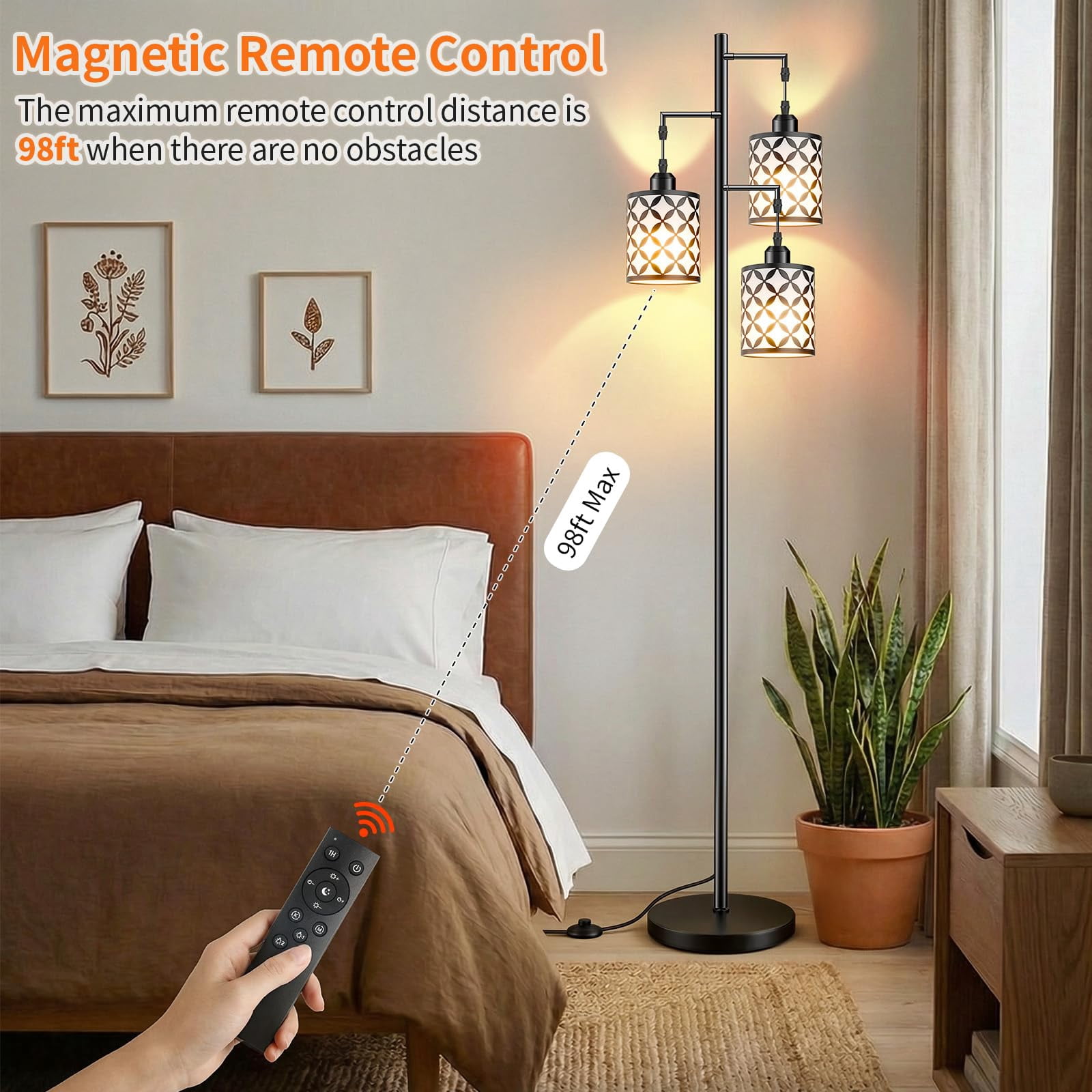 72" Dimmable Floor Lamp with Remote, 3 LED Bulbs Included, Industrial Tree Pole for Living Room