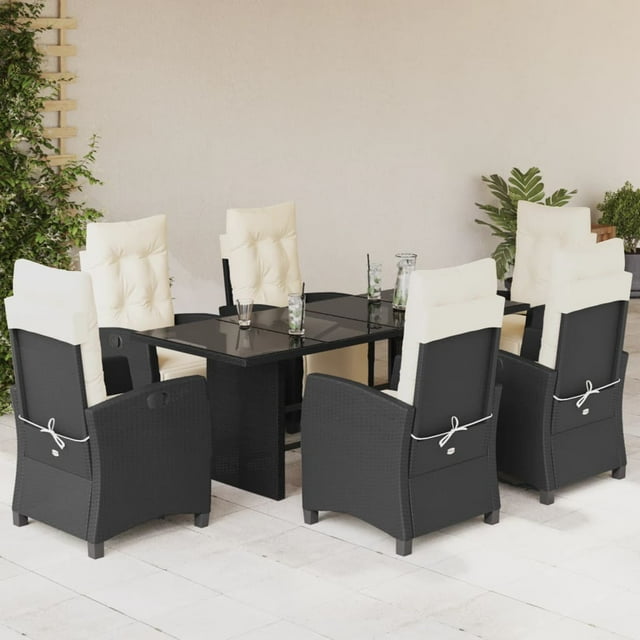 vidaXL 7 Piece Garden Dining Set with Cushions Black Poly Rattan