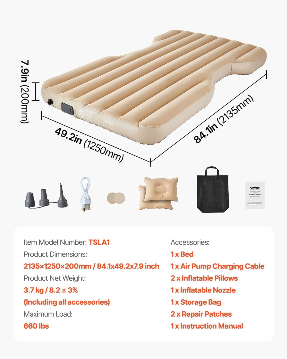 Car Air Mattress Inflatable Car Camping Travel Bed Sleeping Pad Built in Pump