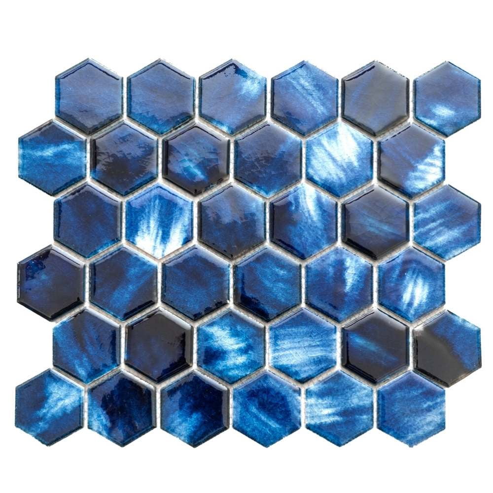 The Tile Life Agate 4 in x 4 in Hexagon Sapphire Glossy Porcelain Mosaic Tile Sample 1 Piece