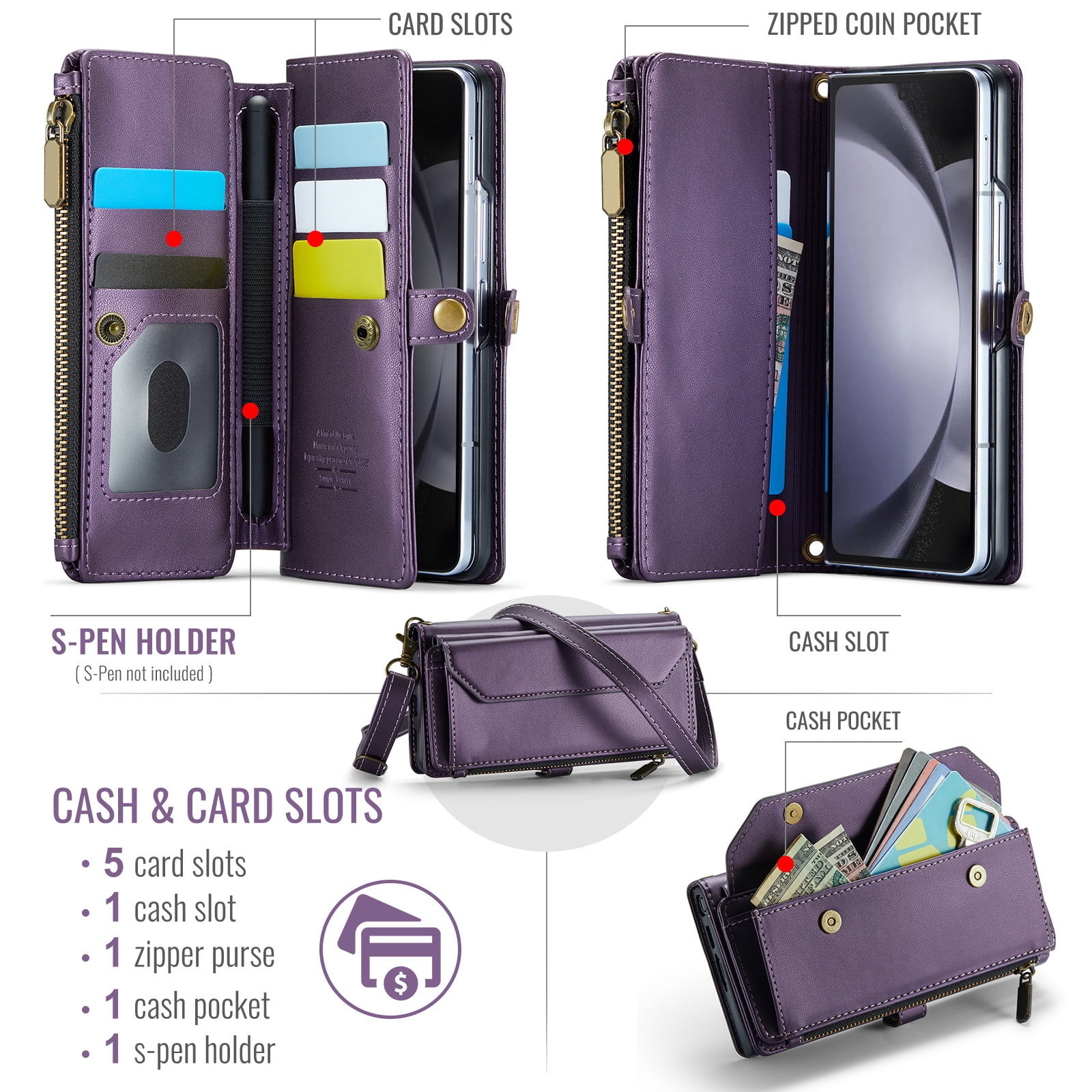Asuwish Compatible with Samsung Galaxy Z Fold 5 5G 2023 Zipper Wallet Phone Case With pen slot Crossbody Lanyard Strap Flip Card Holder Slot Cell Cover for ZFold5 Z5 G Fold5 5Z Women Girls Purple