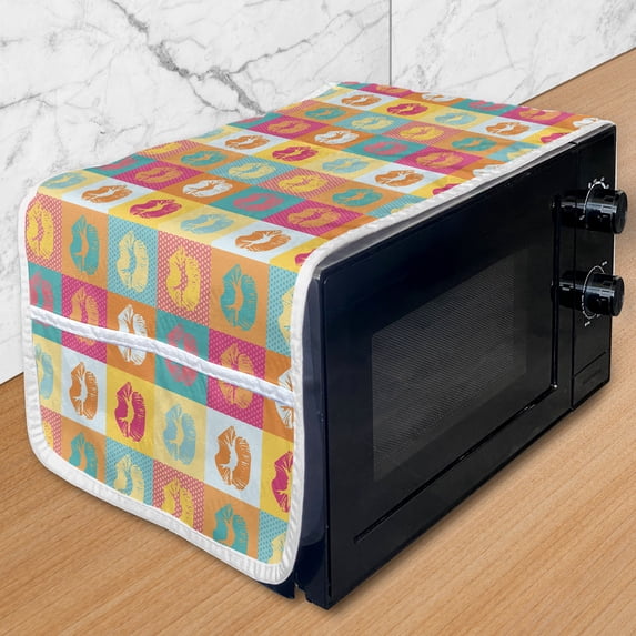 Modern Microwave Oven Cover, Woman Lips on Polka Dots Background in Various Frames Fashion Kiss Love Design, Water Resistant Organizer with Pockets for Kitchen, 36" x 12", Multicolor, by Ambesonne