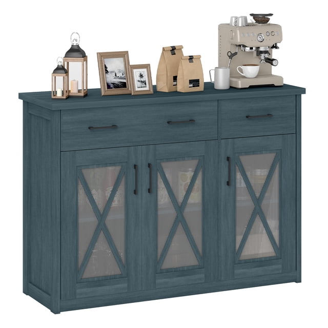 Costway Farmhouse Buffet Sideboard with 2 Drawers Fluted Barn Doors for Kitchen Dining Room Turquoise
