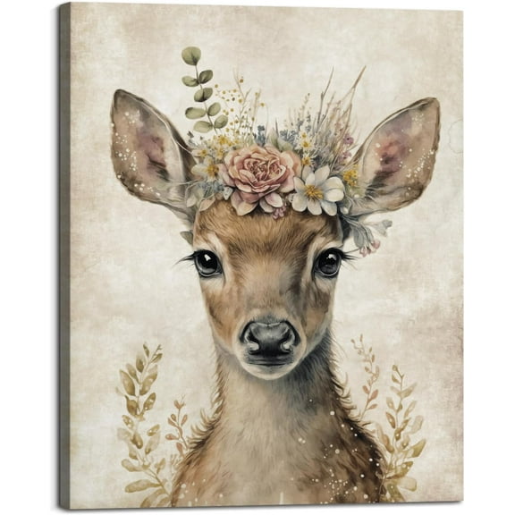 Aaheei Lovely Deer Portrait Canvas Wall Art Cute Forest Animal Floral Crown Poster Print Retro Fawn Picture Aesthetics Decorative Painting Living Room Baby Room Nursery Wall Decor