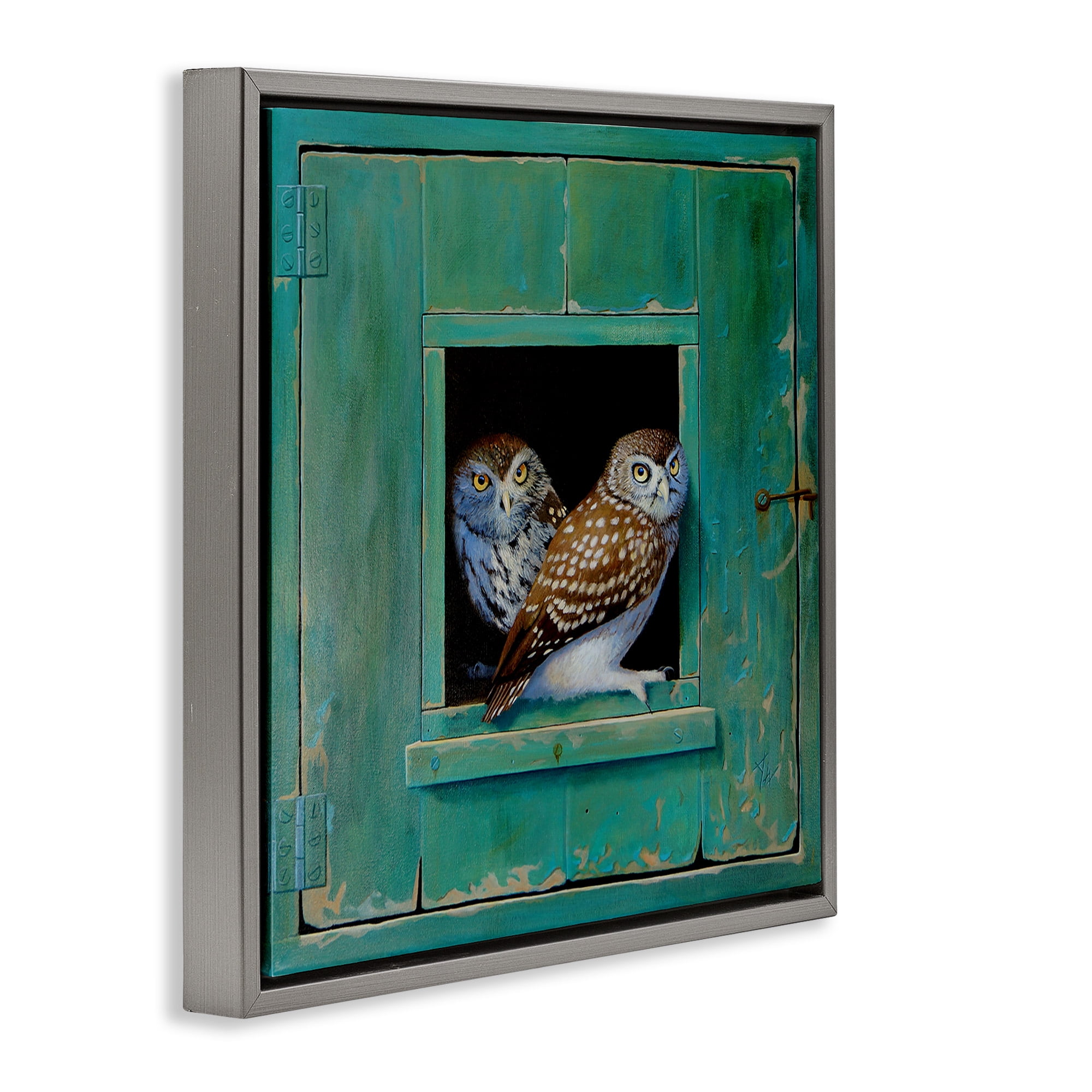 Stupell Industries Spotted Owls Perched Ledge Animals & Insects Painting Gray Floater Framed Canvas Art Print Wall Art, 25 x 25