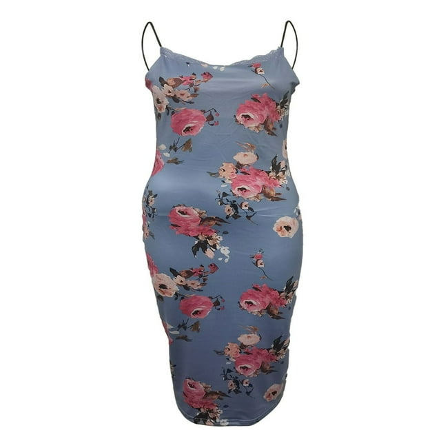 PENGXIANG Floral and Geometric Print Slip Dress with Lace Trim for Women