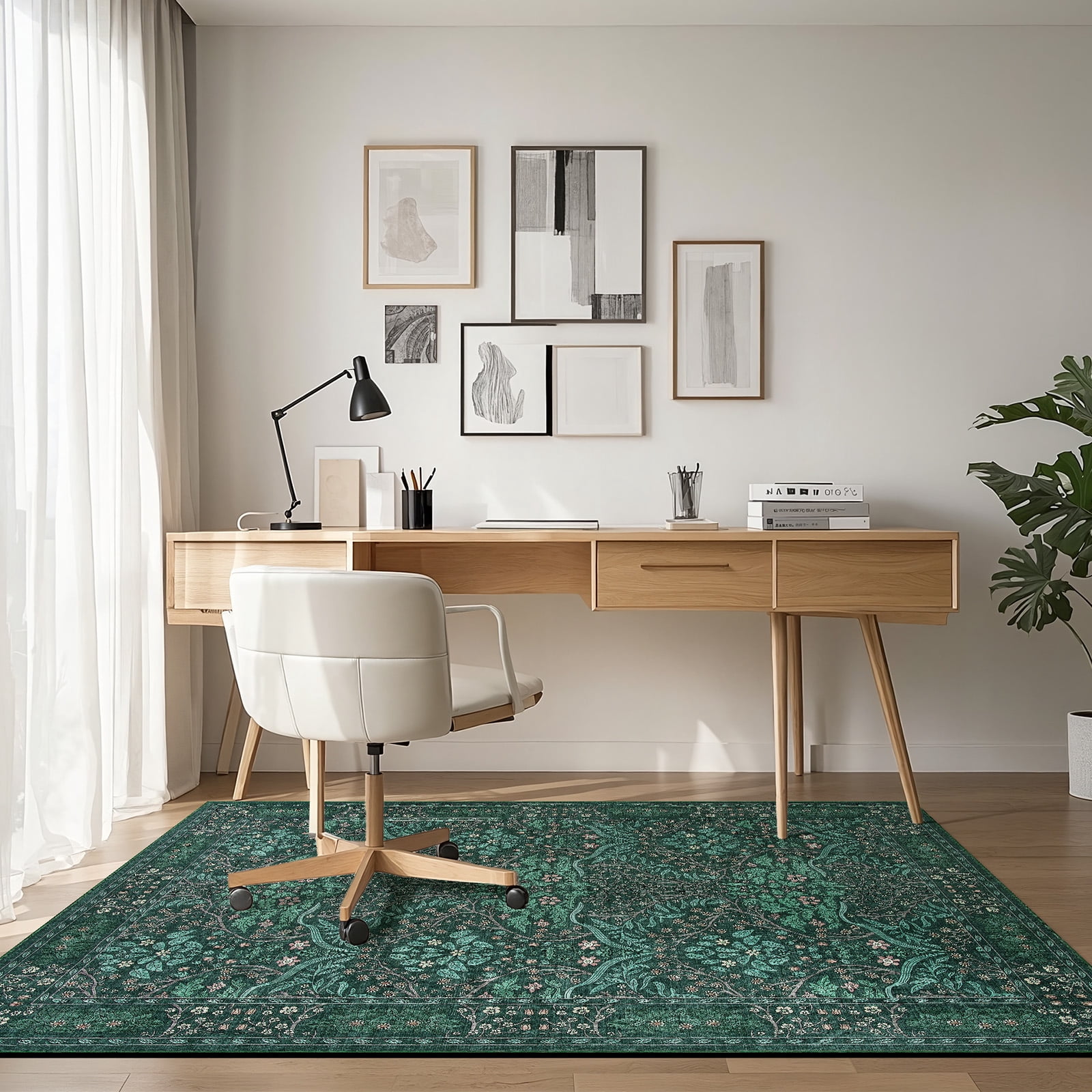 PLEASOR 8'x10' Area Rug for Living Room, Green Washable Area Rugs with Non-Slip Backing, Boho Floral Vintage Carpets Low Pile for Dining Room, Bedroom, Home Office, Indoor, Nursery, Apartment