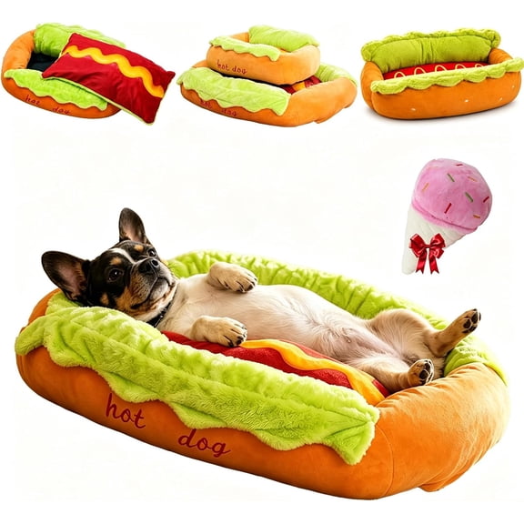 Hot Dog Dog Bed, Hot Dog Pet Bed, Small Bun Dogs and Cats Bed with Non-Slip Bottom Removable & Washable for Small Dogs Cats (Large)
