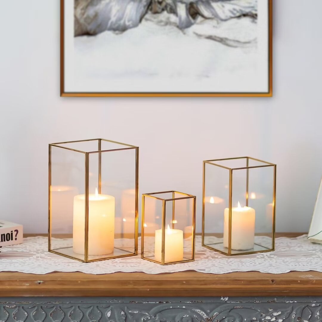 Nuptio Glass Hurricane Candle Holder Lantern for Pillar Candles， Gold Lantern Centerpiece for Tables Decorative Indoor ,Set of 3