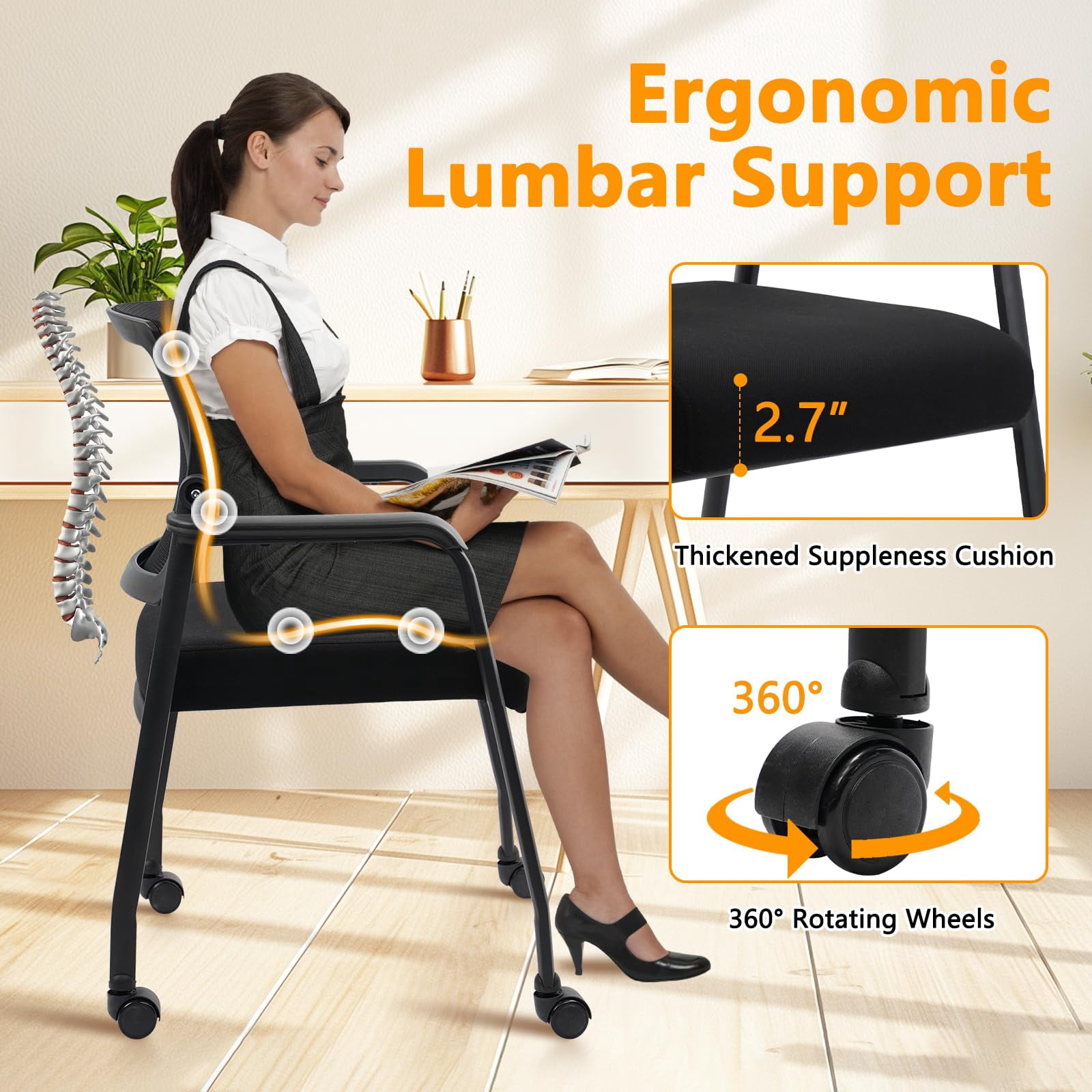 KLASIKA Waiting Room Chairs with Wheels, Adjustable Mesh Backrest, Desk Chair with Ergonomic Lumbar Support and Thickened Seats Cushion, 4 Pack Black
