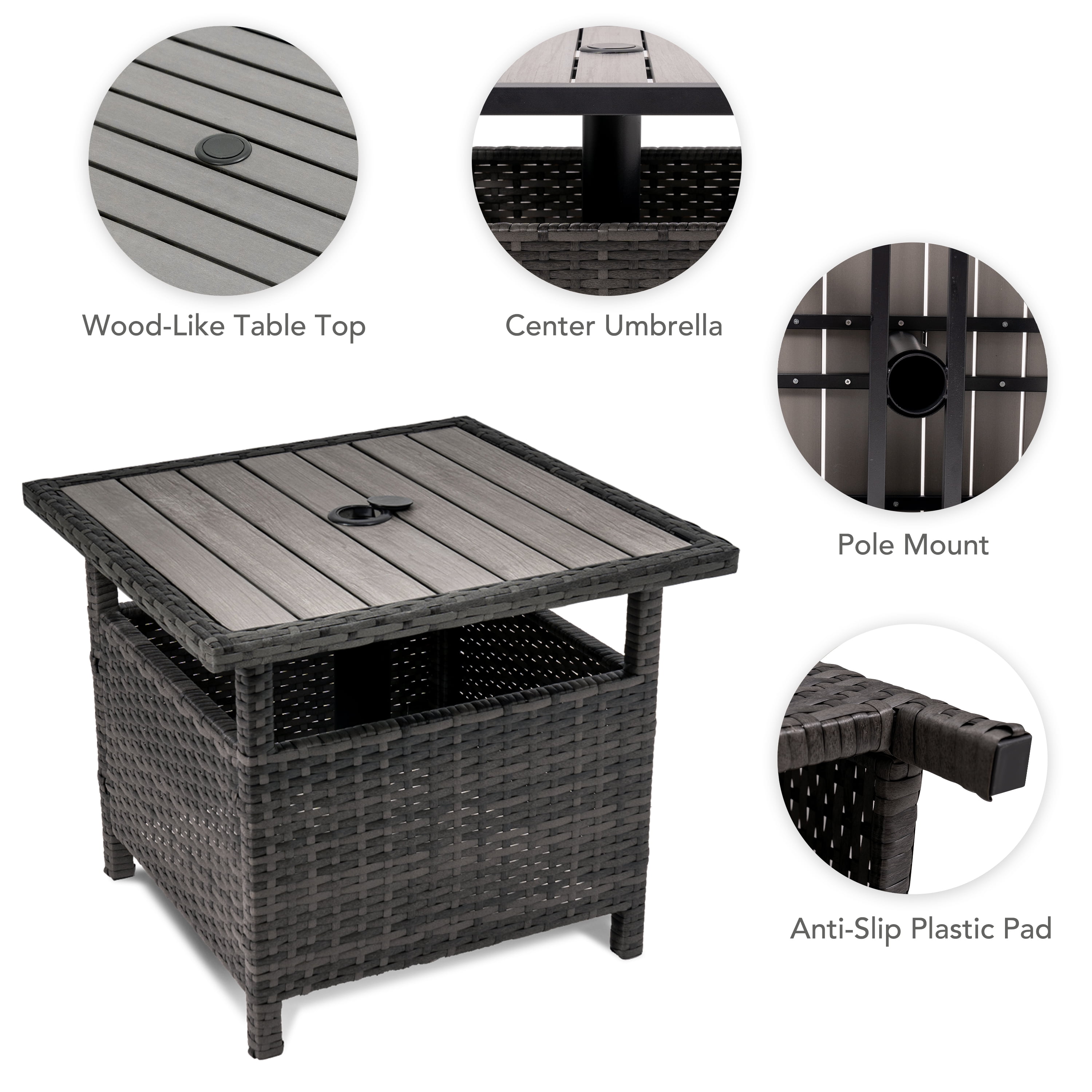 Outdoor Patio Side Table Umbrella Stand All-Weather PE Wicker Rattan Umbrella Table Furniture  for Garden Deck Pool Gray
